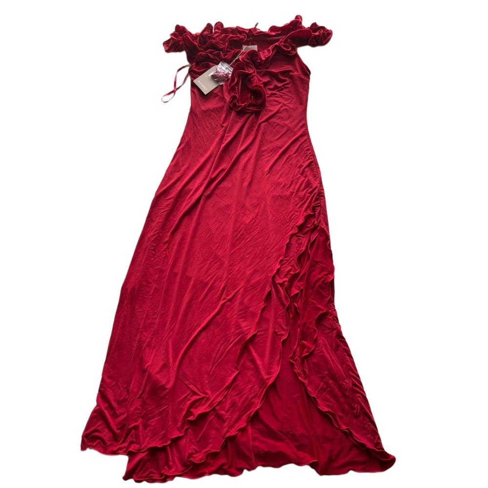 MESHKI Allegra Off Shoulder Ruffle Midi Dress Ruby Red Rosette Slit Size XL NWT